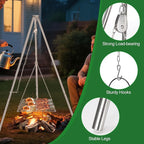 Lineslife Campfire Tripod for Cooking, 44 Inch Lightweight Stainless Steel Adjustable Camping Tripod with Chain, Portable Folding Stand for Grill Dutch Oven BBQ & Outdoor Camping - Carry Bag