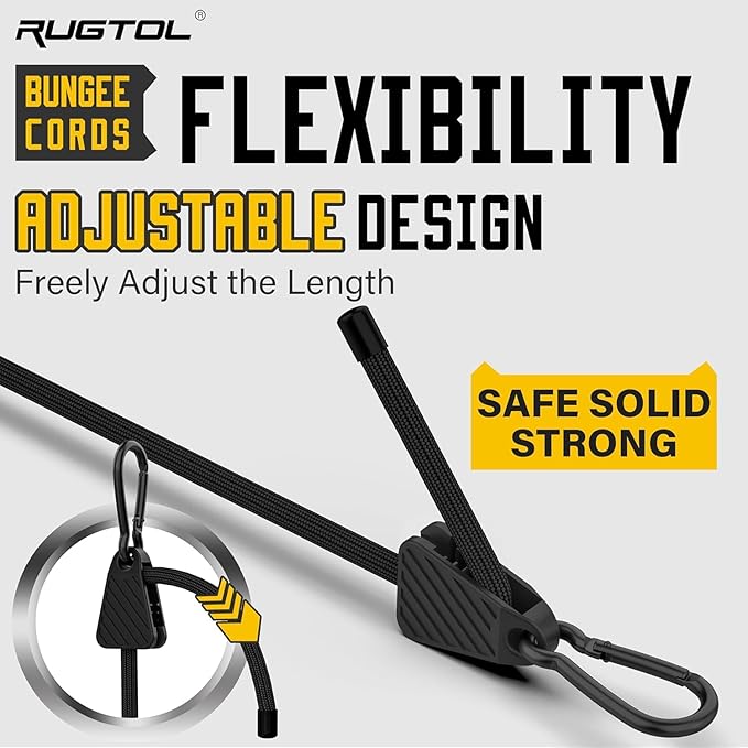 Bungee Cords, Adjustable Bungee Cord with Carabiner Hooks Heavy Duty Outdoor 48 inch Long, Adjust Length Black Elastic Ropes Tie Downs Cable with Clips On Both Ends for Trucks Bike Rack Tarps, 6 Pack