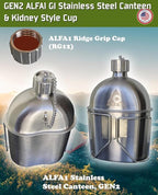 GI Military Grade Stainless Steel Canteen & Kidney Style Cup (with 12 Lobe Stainless Steel Cap) | Portable Water Bottle for Trips, Hiking, Camping and Outdoor Activities | 1 Quart