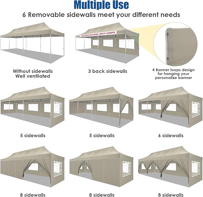 HOTEEL 10x30 Heavy Duty Pop up Canopy Tent for Parties with 8 Sidewalls, Easy Setup Outdoor Commercial Instant Gazebo for Wedding Event, with Portable Bag & Sand Bags, Khaki(Hexagonal Frame)