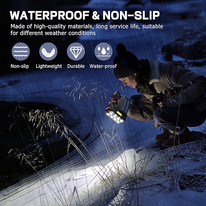 8 LED Solar Flashlight with COB Sidelight, 1000 Lumens Solar Powered Flashlights, Solar or USB Charging Waterproof Handheld Flashlights with 3 Modes for Fishing Outdoor Camping Emergencies