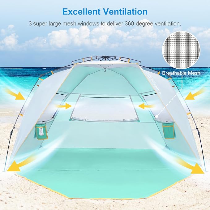 Wolfwise Instant Beach Tent Sun Shelter with Zippered Extendable Porch for Privacy, Portable Beach Tents with Carrying Bag, Easy Setup Pop up Beach Shade for 6-7 Person, 110 x57x57 in, Mint Green