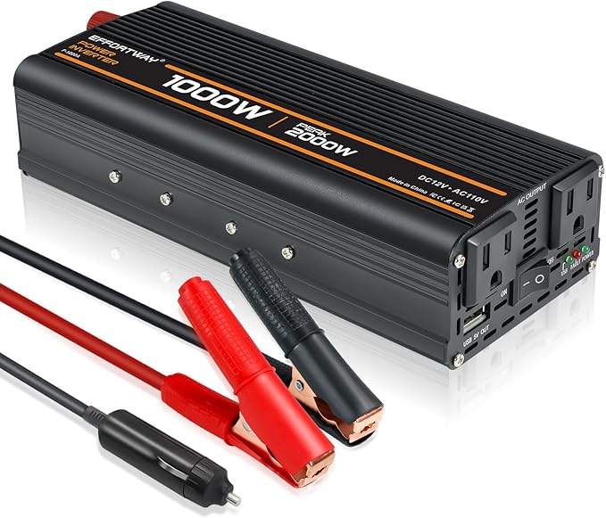 1000W Power Inverter, Inverter 12V to 110V with 2 AC Outlets, 2.1A USB Port, Car Power Inverter with Alligator Battery Clamp for Phone, Laptop on Camping, Road Trip