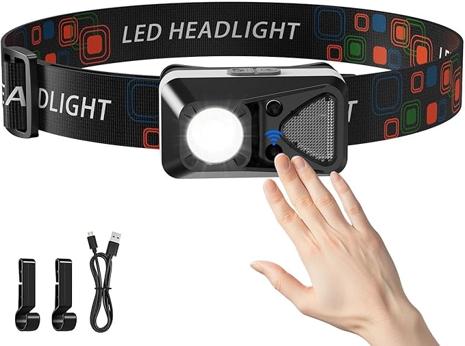 LED Headlamp Rechargeable with Motion Sensor, Ultralight Bright Headlight with White Red Light Waterproof 6 Modes for Outdoor Camping Running Hard Hat Fishing Repair, 1 Pack