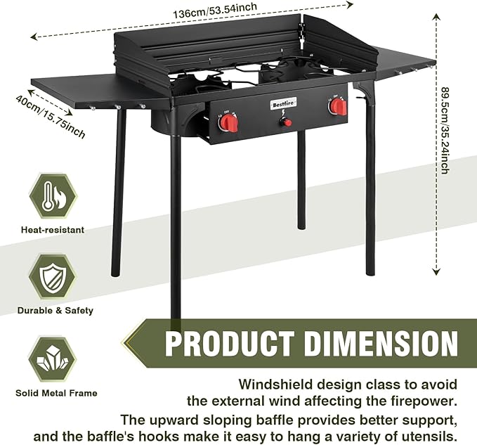Bestfire 150,000 BTU 2 Burner Propane Camping Stove with Auto Ignition, Windpanel & Free Work Gloves, Portable Outdoor Gas Cooker with Removable Legs, Side Shelves & Carry Bag for Camping, BBQ