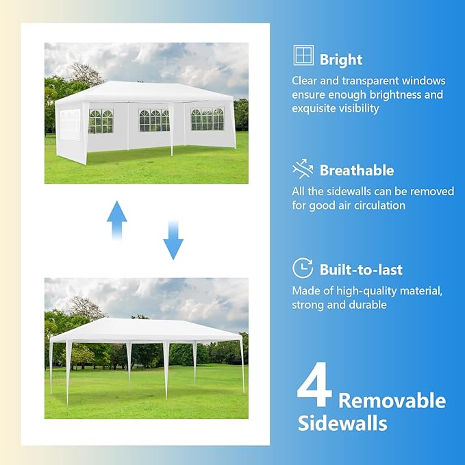Tangkula 10x20 Ft Canopy Tent, Heavy Duty Party Tent with 4 Removable Sidewalls, Wind Ropes, Ground Stakes, Outdoor White Wedding Tents for Parties, Events, Backyard