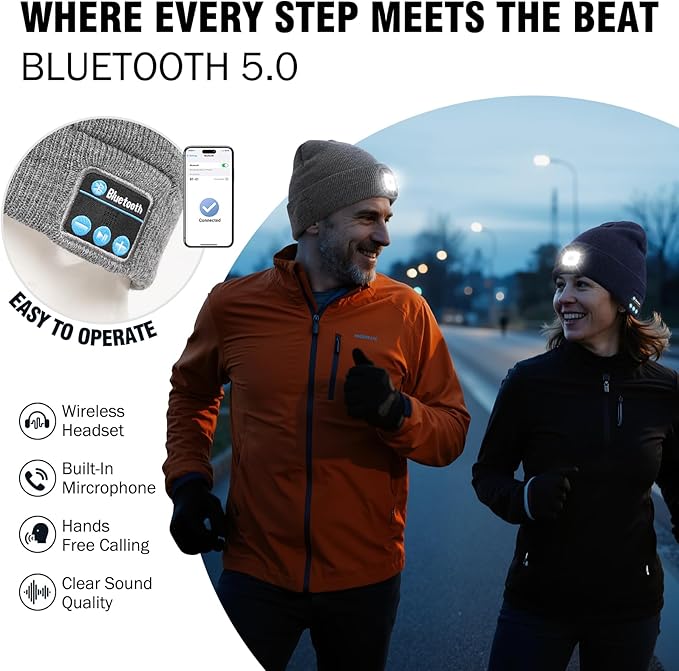 Wmcaps Stocking Cap Stuffers Bluetooth Beanie with A Light, 2-Pack Flashlight Headlamp Winter Hat Gifts for Men Women Dad Him
