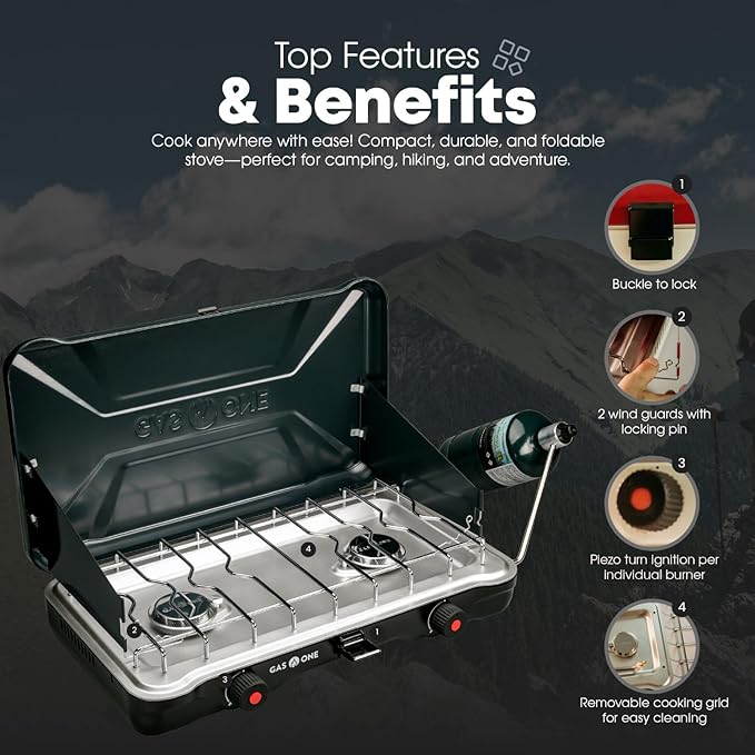 GasOne Portable Camping Stove – Double Propane Stove with Auto Twist Turn Ignition – 22,000 BTU Camping Cooktop with 2 Burners and Wind Guard – Ideal for Tailgating, Fishing, Travel