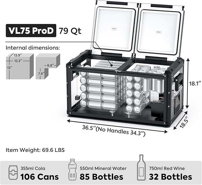 ICECO VL75ProD Portable Refrigerator, 12v Dual Zone Fridge Freezer with SECOP, 79Qt 12V Car Freezer with Reversible Lid, 0°F to 50°F, Car Fridge Portable AC/DC| With Battery+Solar Panel
