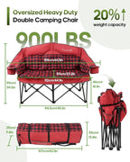 Double Camping Chair Padded Loveseat Camp Couch for Adults, Oversized 2 Person Love Seat with 2 in 1 Carry Bag, Heavy Duty Folding Outdoor Sofa with Cup Holders for Lawn Beach Tailgating, Red
