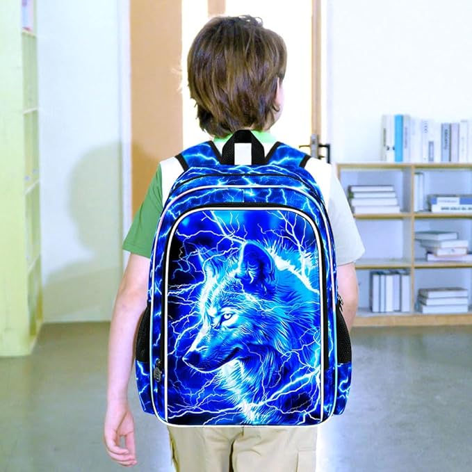 3Pcs Wolf Backpack for Boy, 17" Lightning Bookbag for Elementary Preschool Kindergarten, Kids School Backpacks with Lunch Box (Blue)