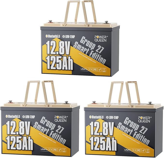 Power Queen Lithium Battery 12V 125Ah, Bluetooth Group 27 LiFePO4 Battery with Low-Temp Protection, 1600Wh Energy Max. 15000 Cycles for RV, Solar System, Trolling Motor