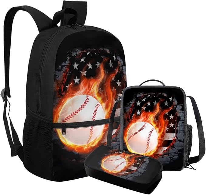 Rnyleeg Fire Baseball Backpack for Boys 6-8 Novelty Kids Bookbag Set with Lunch Bag Lightweight 3-Piece Book Bag Set for Elementary School Travel Backpack