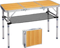 VINGLI Small Folding Table Portable 3FT Aluminum Foldable Camping Table for Picnic Card Table with 3 Adjustable Height & Carry Handle for Outdoor Indoor Hiking Camp BBQ Beach-Natural