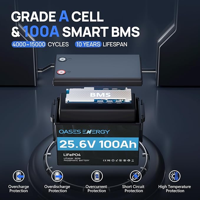 24V 100Ah LiFePO4 Lithium Battery (25.6V) - Mini Deep Cycle Solar Battery, Built-in 100A BMS - for Trolling Motor, Boat, Marine, RV, Home Solar Storage & 24 Volt Off-grid