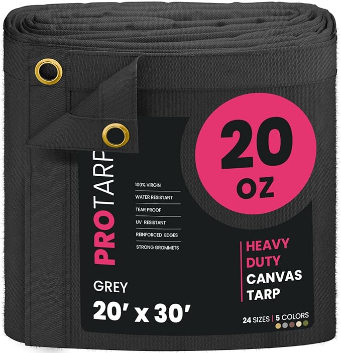 PROTARP Extreme Heavy Duty 20 OZ Water Resistant Canvas Tarp, UV Resistant Tarpaulin Cover with Rustproof Brass Grommets, Multipurpose for Canopy, Roof, Camping, Woodpile (Grey 20'X30')