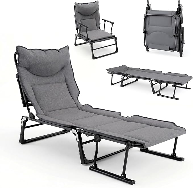Giantex Folding Patio Lounge Chair with Pad, 3-in-1 Portable Chaise Lounge with 6 Backrest Positions, Head Pillow, Foldable Armrest, Outdoor Camping Cot for Living Room, Yard, Patio,Office (1)