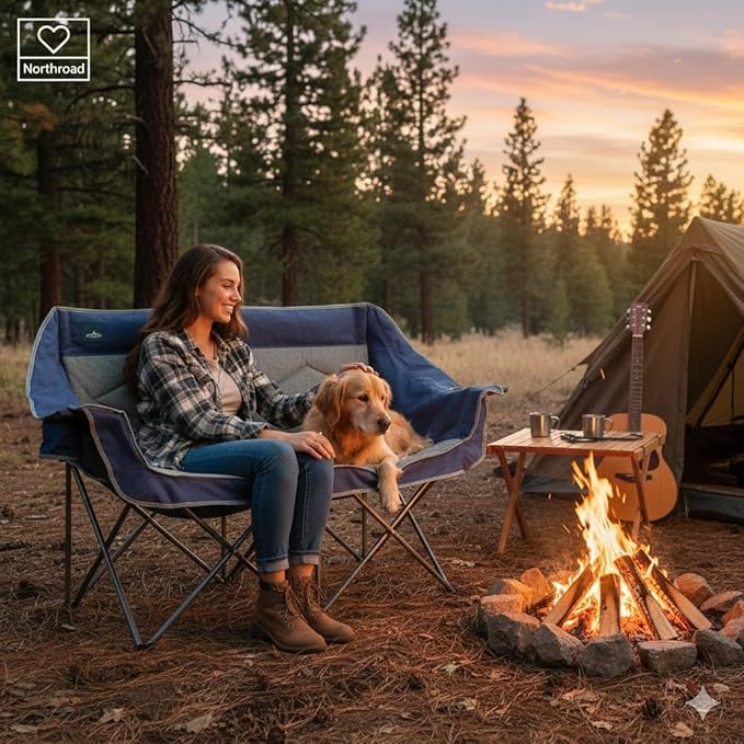 Northroad Folding Loveseat Camping Chair Portable Double Duo Full Padded Garden Chair for 2 Person Sofa w/ 2 Cup Holder,Wine Glass Holder,Mesh Storage,Support 500lbs for Picnic Beach Travel(Blue)