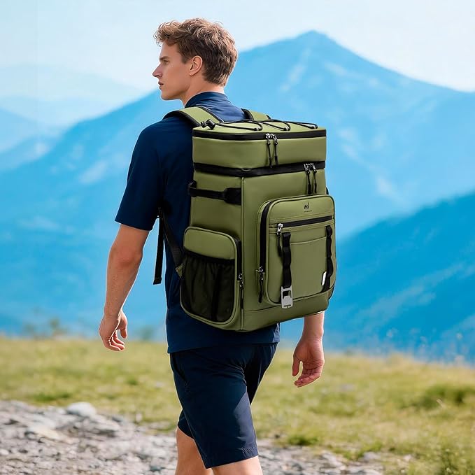 NOL Natural Organic Lifestyle Double Deck Large Waterproof Insulated Cooler Backpack for Men & Women, 32L/57 Cans Leak Proof Cooler Lunch Backpack for Picnic, Camping, Beach, Outdoor, Amy Green