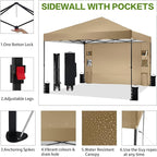 12'x12' Pop Up Canopy Tent with 1 Sidewall and 6 Pockets, One Push Setup, Instant Shade Tent with Vented Roof for Beach Patio Outdoor, Case, 8 Stakes, 4 Ropes, 4 Sandbags(Khaki, 12x12)