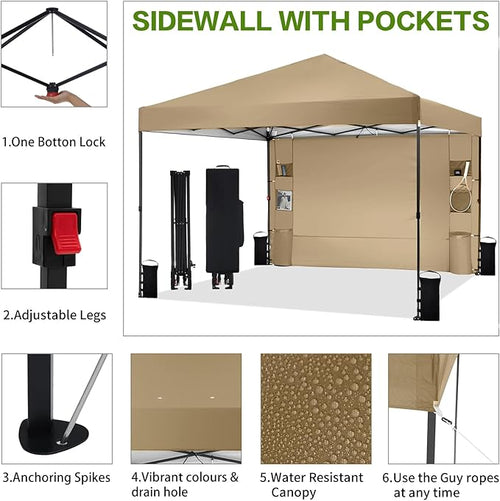 12'x12' Pop Up Canopy Tent with 1 Sidewall and 6 Pockets, One Push Setup, Instant Shade Tent with Vented Roof for Beach Patio Outdoor, Case, 8 Stakes, 4 Ropes, 4 Sandbags(Khaki, 12x12)