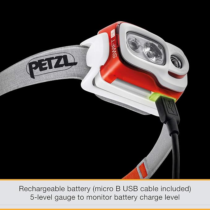 PETZL, Swift Rl Lamp Orange, Compact, Very Powerful and Rechargeable headlamp Featuring Reactive Lighting® Technology. 900 lumens.