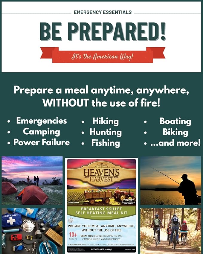 Heaven's Harvest Self-Heating Emergency Meal Kit (10 Year Shelf Life) — Tastier than MRE Meals & Ready-To-Eat in Minutes! Just add water to activate the “cooking” process. (Breakfast Skillet) (Single)