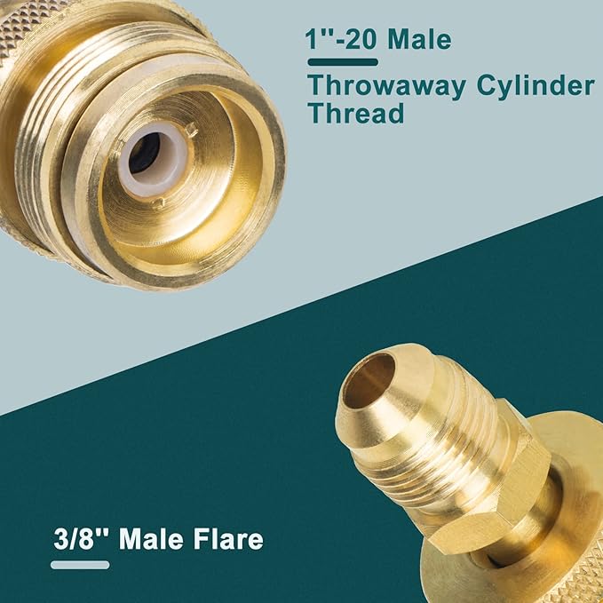 GASPRO 1LB Propane Adapter Fitting, 1''-20 Male Throwaway Cylinder to 3/8'' Male Flare Converter, Perfect for Buddy Heater, Portable Grill, Camping Stove, Solid Brass