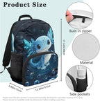 Axolotl Backpack and Lunch Box Blue Bookbag Lightweight Casual Bookbag and Lunch Box Set for Boys 4 Pcs Boys School Backpack 10-12 Years Old for Daypack Hiking Outdoor Travel