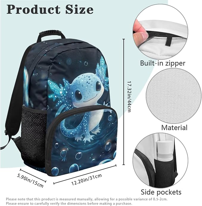 Axolotl Backpack and Lunch Box Blue Bookbag Lightweight Casual Bookbag and Lunch Box Set for Boys 4 Pcs Boys School Backpack 10-12 Years Old for Daypack Hiking Outdoor Travel