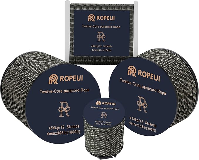1000lb Paracord, 5/32" (4mm) 12 Strand Nylon Tactical Parachute Cord, 100ft–1000ft Utility Rope for Survival, Camping, Hiking, Outdoor Crafting, Bracelets & Clothesline