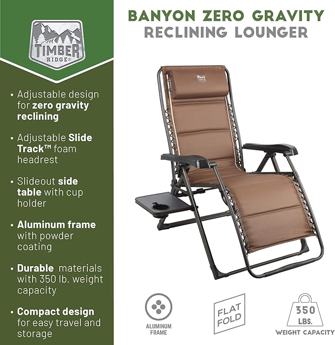 TIMBER RIDGE Aluminum Zero Gravity Chairs, Folding Recliner Chair Padded with Cup Holder and Headrest, Adjustable Lounge Reclining Chair for Outdoor Camping Lawn Patio Indoor, Supports 350lbs, Brown