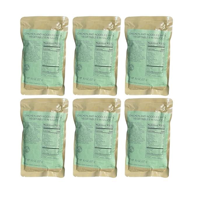 MRE (Meal-Ready-to-Eat) | Single Serving Entree | Emergency Meals | Survival Food | Fresh Dates | Long Shelf Life | Made in USA (6-Pack, Chicken Noodle with Vegetables)