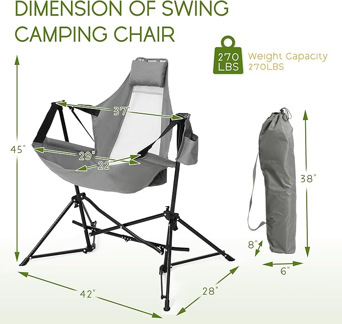 Hammock Folding Camping Chair - Outdoor Portable Swing Camp Chairs with Stand Adults Rocking Swinging Chair for Beach Lawn Patio (Grey)
