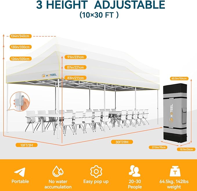Hoteel 10x30 Pop Up Canopy Tent Heavy Duty Without Sidewalls, Waterproof Party Tent, Easy Set-up Commercial Instant Tents with Roller Bag & Sandbags, Hexagonal Leg (1-Year Warranty)