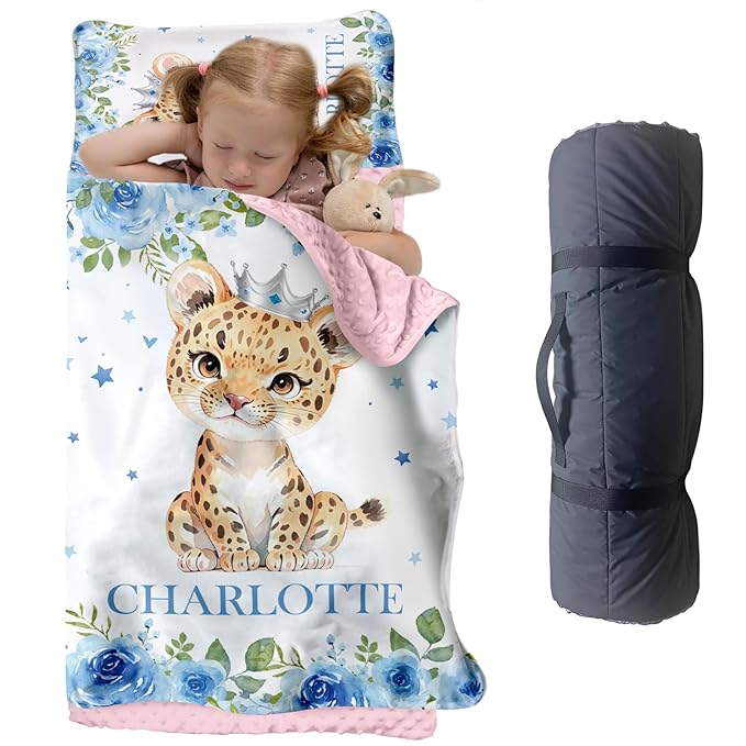 Custom Toddler Nap Mat for Preschool, Personalized Name Light Blue Kids Sleeping Bag with Leopard for Daycare, Roll Up Sleeping Mat with Removable Pillow and Soft Dot Minky Blanke for Girls Camping