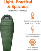 Amazon Basics 20°F Cold Weather Mummy Sleeping Bag for Hiking, Outdoor Camping with No-Snag Zipper, Portable, 82" x 33", Olive Green
