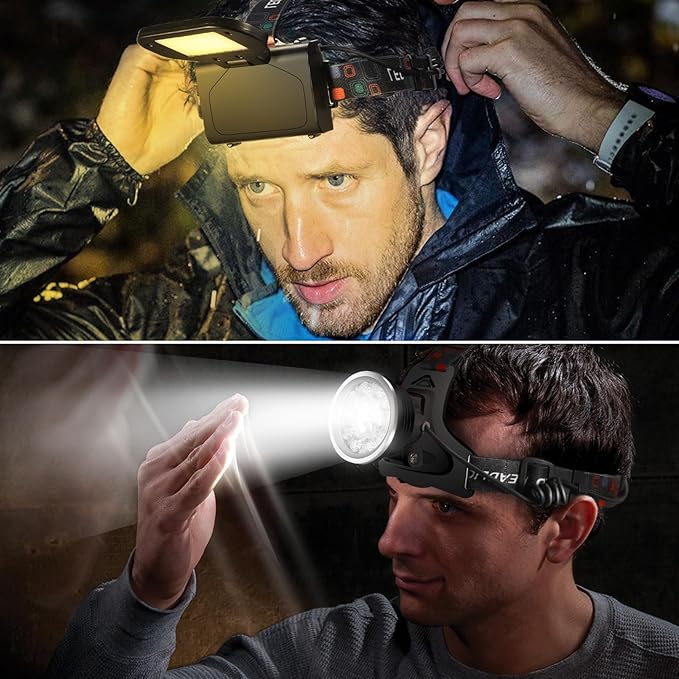 Headlamp Spotlight Flashlight, Bright LED Rechargeable Headlight, Waterproof Head Light with Back Lamp for Outdoor Camping Running Hiking Fishing Cycling (Black, Spotlight & Floodlight)