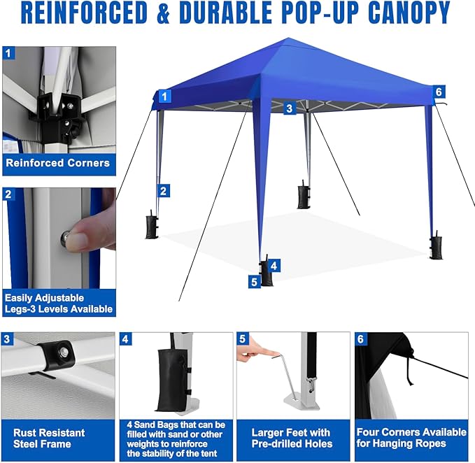 Yesker 10x10 Pop Up Canopy Tent UPF 50+ Waterproof Outdoor Canopy Portable Folding Easy Setup Gazebo Adjustable Height Instant Sun Shade Tent with Wheeled Bag for Events Parties Camping Patio, Blue