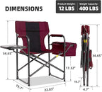 Director Camping Chair with Cooler Bag & Foldable Side Tray - 400lbs Heavy Duty Outdoor Folding Lawn Chair, Portable Camp Chair for Backyard, Fishing, Beach (Wine Red)