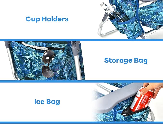Goplus Beach Chair, Folding Backpack Beach Chairs for Adults with 5 Positions, Head Pillow, Cooler Bag, Towel Bar, Cup Holders, Sunbath Sling Tanning Lounge, Foldable Layout Camping Chairs
