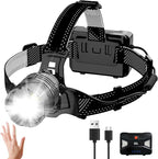 Rechargeable Headlamp, 100,000LM Bright HeadLamp, 40H Runtime Weatherproof LED Headlight, 90° Adjustable Zoom Headlights for Forehead, Hiking Camping Headlamps for Adults