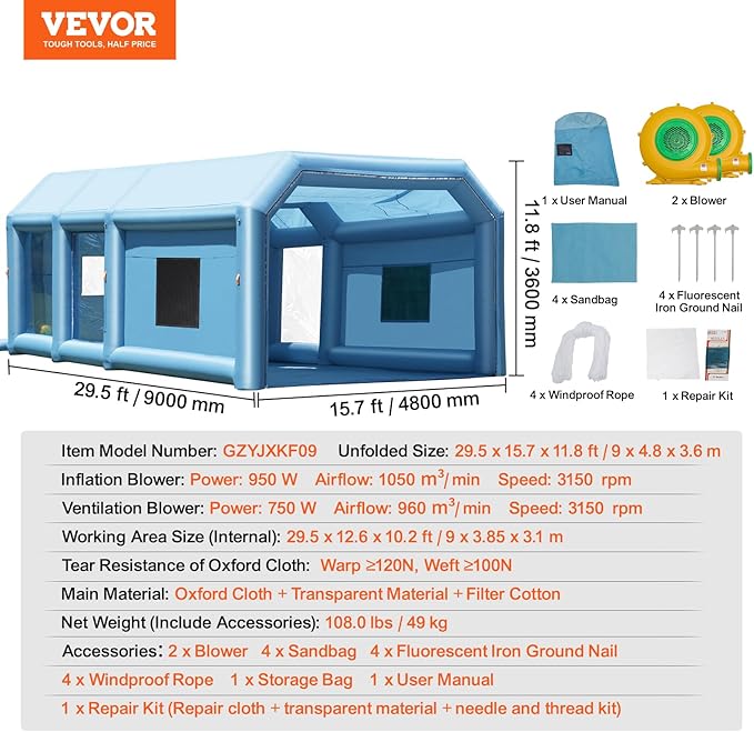 VEVOR Inflatable Paint Booth, Portable Car Paint Booth for Large Truck, 29.5 x 15.7 x 11.8 ft, with 950W+750W Powerful Blowers and Air Filter System, Van, Machinery