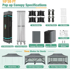 COBIZI 10x20 Canopy Tent, Heavy Duty Pop up Canopy with Sidewalls, Waterproof Easy Setup Canopy with Mosquito Netting, Outdoor Instant Screen Tents for Parties, Wedding with Roller Bag, Gray