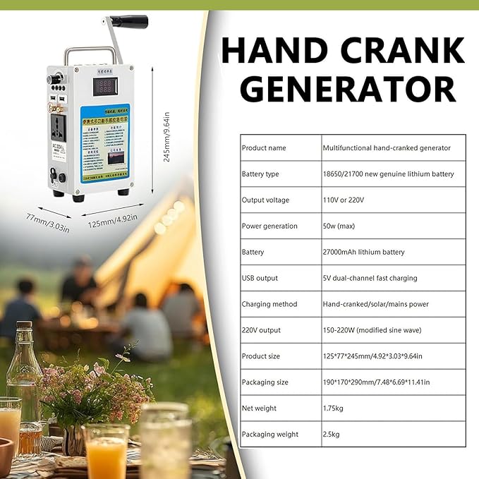 160W Hand Crank Generator, Portable Power Station w/Folding Handle, Aluminum Alloy Small Inverter Generator Rechargeable for Home Camping Outdoor Smartphone Charger