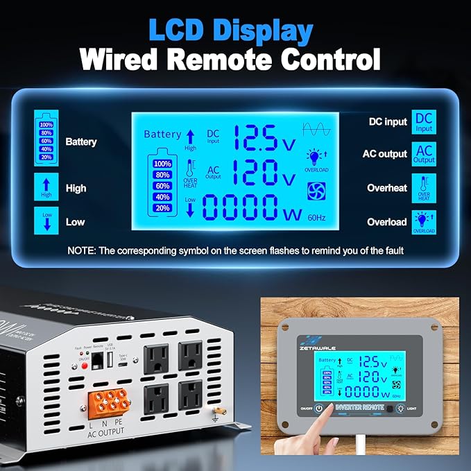 4000W Pure Sine Wave Inverter 12V DC to 110V/120V AC Converter, 8000W Peak, LCD Remote Control, 4 AC Outlets, USB & Type-C – Heavy Duty for RV, Truck, Off-Grid Solar, Home Emergency Power