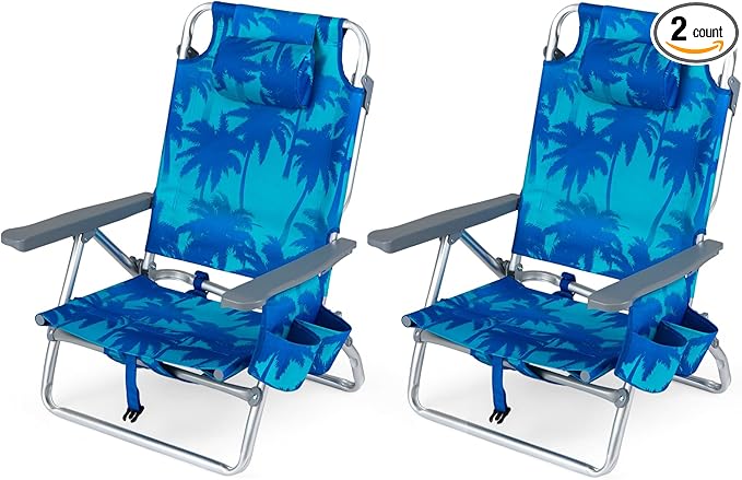 Goplus Beach Chair, Folding Backpack Beach Chairs for Adults with 5 Positions, Head Pillow, Cooler Bag, Towel Bar, Cup Holders, Sunbath Sling Tanning Lounge, Foldable Layout Camping Chairs