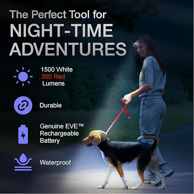 K-Bern Rechargeable Headlamp. 1000 Lumen, Ultra Bright Head Lights for Forehead. Waterproof, Lightweight Aluminum, 2600mAh Battery, Perfect for Dog Walking (Ultra Bright Red & White - 3500mAh)