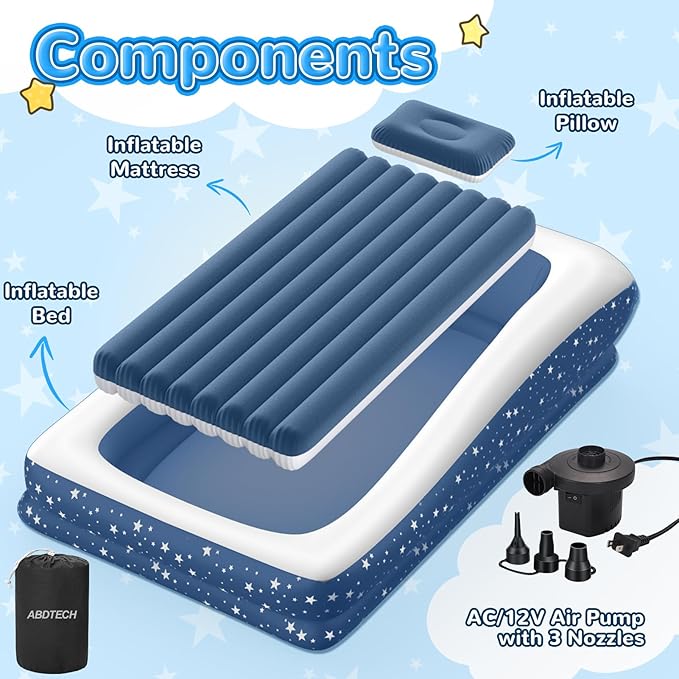 Inflatable Toddler Travel Bed: Portable & Safety - Blow Up Toddler Bed Travel with 4 Sides - Kids Air Mattress Ideal for Outdoor Camping - Easy to Inflate Deflate and Clean (67”, Blue)