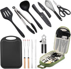 Camping Essentials Cookware Cooking Utensils Set - Portable Camp Kitchen Mess Kit Outdoor Accessories, Stainless Steel & Silicone, Camping Gear Equipment for RV Picnic Grill, Green